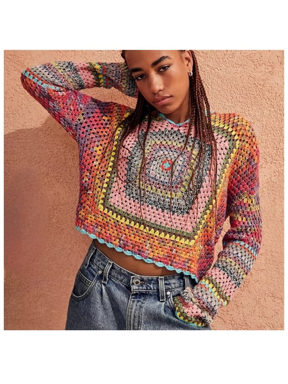 Urban Outfitters Hand-Crocheted Square Hoodie Sweatshirt Size XS Multicolor